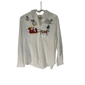 Karen Scott Vintage Christmas Size Large Holiday Embroidered Button Up Blouse